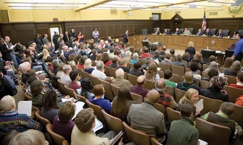 Hundreds packed into the meeting room of the Allegheny County Council to speak for and against a county-wide anti-discrimination bill. - BRIAN KALDORF