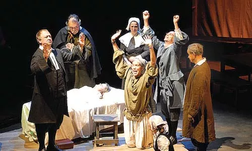 I put a spell on you: (from left to right) Jerry Summers, Dan Wyse, Deborah H. Wein, Angelo Gabriel Bruni, Robert J. Roberts and (at center) Cynthia Dallas star in Prime Stage's The Crucible.