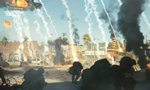 It's on: Marines and aliens mix it up.