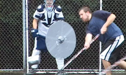 Like Thor defending the halls of Asgard, "Lars the Interloper" protects the goal with his shield and mighty hammer.