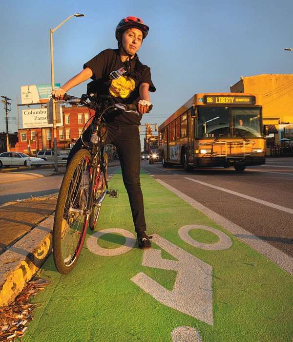 Lucia Aguirre celebrates Best News for Cyclists, new bike lanes on city streets.