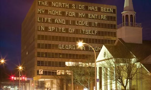 Notes from above ground: Brett Yasko proposes displaying text messages in North Side window grids. Image courtesy of Brett Yasko.