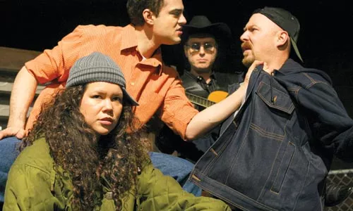 Ruth Gamble (left), Timothy Andres Pabon, John Marcinizyn (rear) and Jeffrey Carpenter often see red in Quantum Theatre's El Paso Blue. Photo by Mary Mervis.
