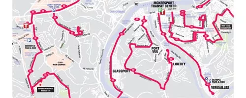 Southeastern Port Authority routes, shown here in red, are among those targeted in a 35 percent service reduction that could leave surrounding communities cut off from mass transit. More than 50 neighborhoods could lose service completely.
