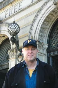 Stewart O'Nan in front of the Carnegie Library main branch, in Oakland - PHOTO COURTESY OF TRUDY O'NAN