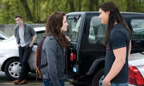 There's a new wolf in town: Robert Pattinson (rear), Bella (Kristen Stewart) and Jacob (Taylor Lautner)