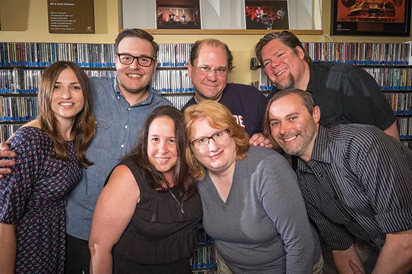 They keep the music playing (clockwise from left): On-air WYEP personalities Cindy Howes, Joey Spehar, Kyle Smith, Mike Sauter, Brian Siewiorek, Rosemary Welsch and general manager Abby Goldstein - PHOTO BY TERRY CLARK
