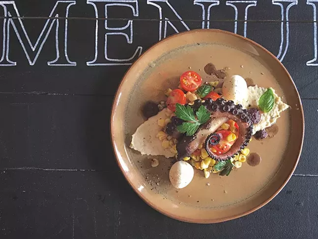 Braised octopus, quail eggs, and white bean hummus from Brunch at Black Forge - PHOTO COURTESY OF CHRISTIAN SCHULZ