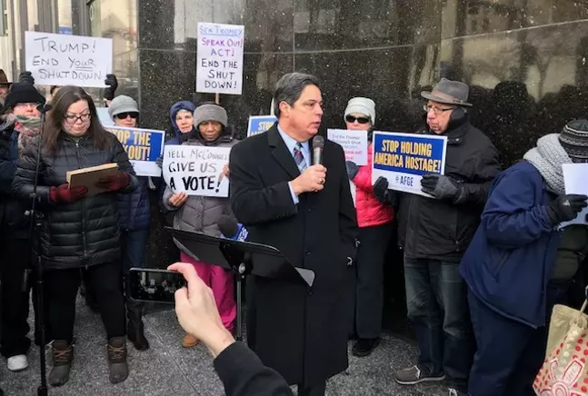 State Sen. Jay Costa speaking at a rally in front of Sen. Pat Toomey's office Downtown - CP PHOTO: RYAN DETO