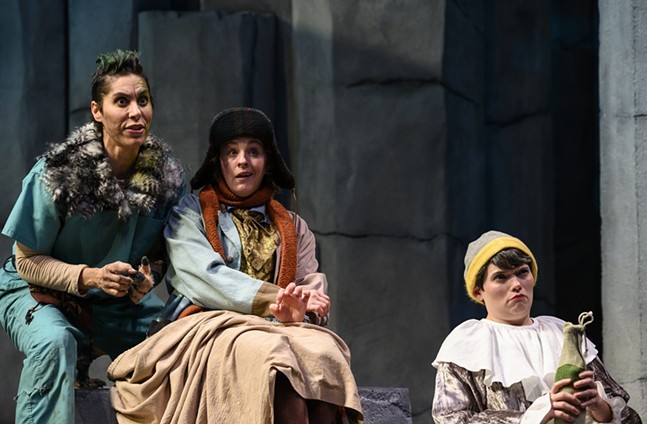 (Left to right) Shammen McCune as Caliban, Bethany Caputo as Stephano, and Jamie Agnello as Trinculo in The Tempest. - MICHAEL HENNINGER