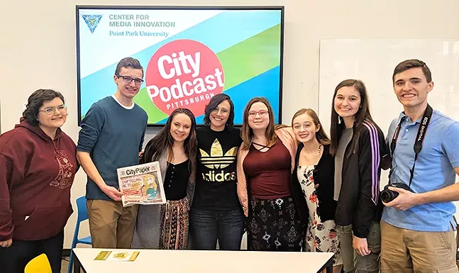 Pittsburgh comedian and CP contributing writer Gab Bonesso with students from Norwin and North Hills High Schools - CP PHOTO: LISA CUNNINGHAM
