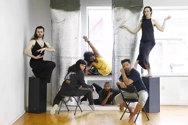 newMoves dancers (L-R) inside the KST Alloy Theater: Taylor Knight, Jessica Marino, Staycee Pearl, Trevor C. Miles, Nick Daniels, and Anna Thompson - CP PHOTO: JARED WICKERHAM
