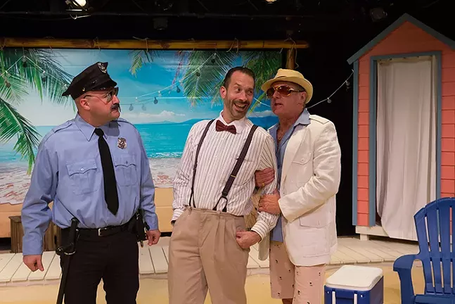 Phillip Taratula as Sylvester, Jeffrey Binder as Scapino, and David Whalen as Don Albert in Scapino - PHOTO: ROCKY RACO