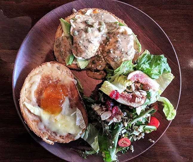 Toast two ways from Ka-Fair with salad: brie and jam; mozzarella, spicy sauce, egg, and avocado - CP PHOTO: MAGGIE WEAVER