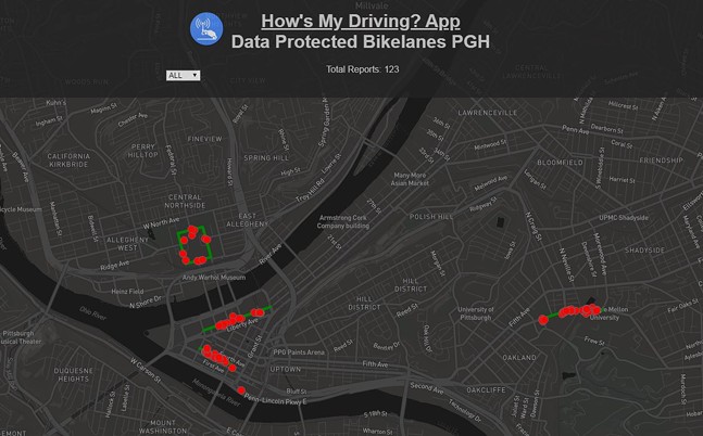 Map of cars parked in Pittsburgh bike lanes on Oct. 16 - SCREENSHOT TAKEN FROM HMDAPP.IO