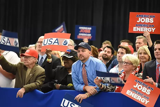 Supporters watch Trump speaking at the Shale Insight conference - PHOTO: SEBASTIAN FOLTZ, BUTLER EAGLE