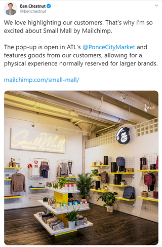 Screenshot of Small Mall announcement and image tweeted by Mailchimp CEO and co-founder, Ben Chestnut.