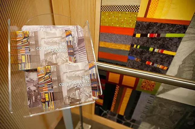"The Collaborative Campus,” by Carnegie Mellon University School of Architecture faculty members Doug Cooper and Stefani Danes, on display outside of the Simmons Auditorium in the Tepper Building - CP PHOTO: JARED WICKERHAM