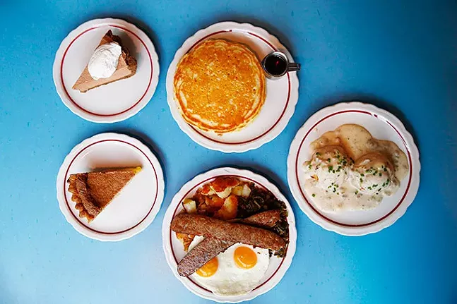 Various menu items at Pie for Breakfast, including kielbasa with eggs and home fries, biscuits and gravy, vinegar pie, chocolate mousse pie, and pancakes - CP PHOTO: JARED WICKERHAM
