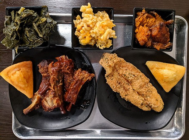 Top, left to right: collard greens, mac n’ cheese, and yams. Bottom: entrees of ribs and fried catfish, with cornbread on the side. - CP PHOTO: MAGGIE WEAVER