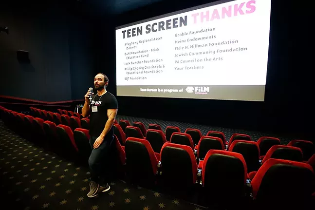 Educator Drew Checkelsky talks to the students before a screening at the SouthSide Works Cinema as part of Teen Screen. - CP PHOTO: JARED WICKERHAM