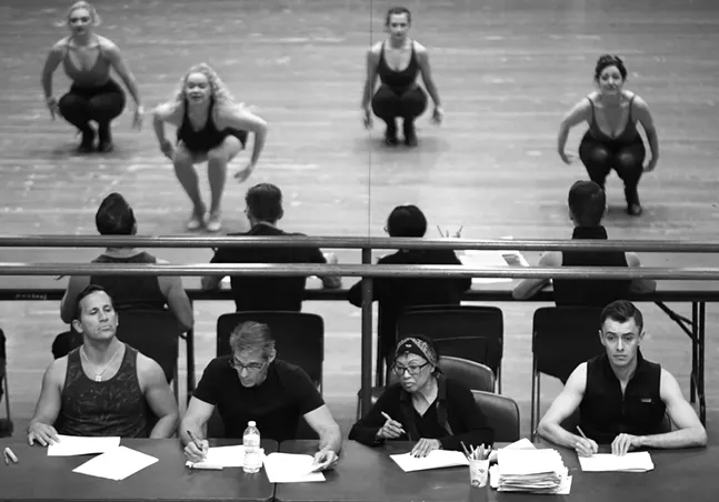 Robbie Roby, choreographer for Sister Act, Mark Esposito, choreographer for Guys And Dolls, Baayork Lee, director/choreographer for A Chorus Line, and Matthew Couvillon, associate choreographer for A Chorus Line, judge dancers during the Pittsburgh CLO summer season dance auditions at the Benedum Center for the Performing Arts on Fri., Feb. 14, 2020. - CP PHOTO: JARED WICKERHAM