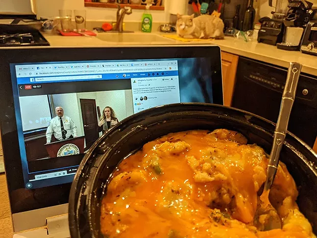 Food delivery during the quarantine: Carmi's shrimp and grits, while watching a live-streaming press release - CP PHOTO: LISA CUNNINGHAM
