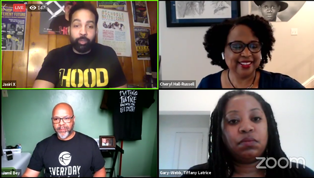 Jasiri X (top left), Cheryl Hall-Russell (top right), Jamil Bey (bottom left), and Tiffany Gary-Webb (bottom right) at the April 7 virtual town hall - SCREENSHOT FROM FACEBOOK