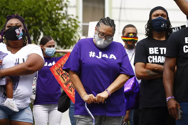 Michelle Kenney, mother of Antwon Rose II, reacts during a speech on stage. - CP PHOTO: JARED WICKERHAM