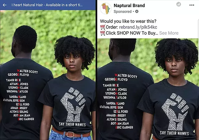 Screenshots from Facebook business pages that ripped off Moya Omololu's T-shirt design and Photoshopped them onto Sarah Bader's original photograph - ORIGINAL PHOTO ©SARAH BADER