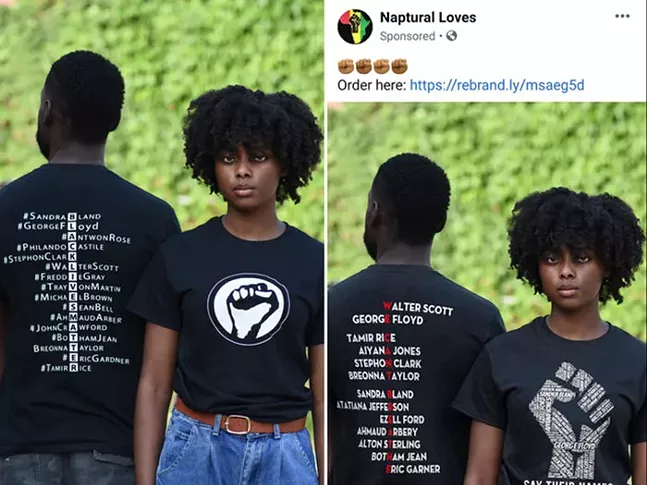 Sarah Bader's original photograph and Moya Omololu's original T-shirt design on the left, and Naptural Love's Photoshopped image on the right - ©ORIGINAL PHOTOGRAPH BY SARAH BADER