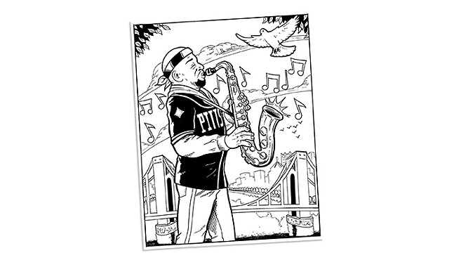 Marcel Walker's illustration of saxophonist Reggie Howze for Pittsburgh City Paper’s Over-the-top Completely Ridiculous Yinzerrific Coloring Book