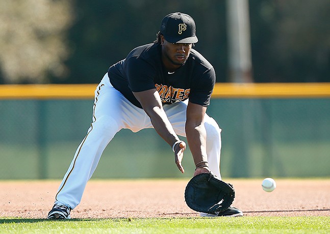 Josh Bell of the Pittsburgh Pirates during spring training at Pirate City in Bradenton, Florida on Feb. 20, 2016 - CP PHOTO: JARED WICKERHAM