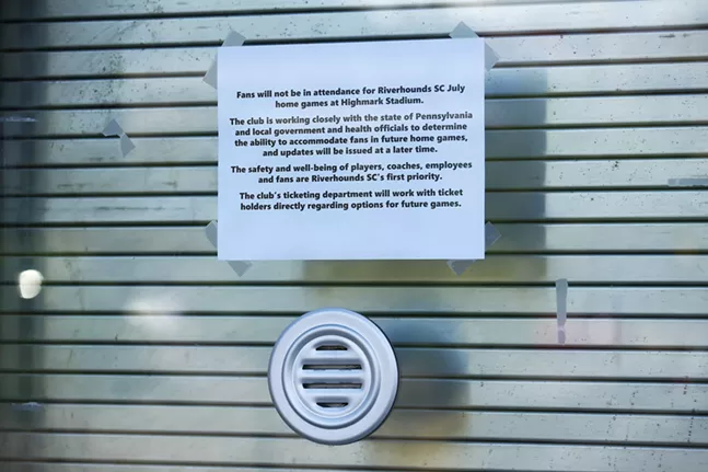 Signage is posted at the ticket booth of Highmark Stadium, informing fans they won't be allowed in during the month of July. - CP PHOTO: JARED WICKERHAM
