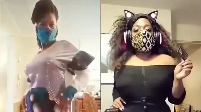 Customized masks and dresses: Donesha Thompson wearing an Ankara mask (left), and Niecy Frazier wearing a ying and yang mask (right), designed and created by Jameelah's Creative Creations - PHOTOS: COURTESY OF JAMEELAH LUSTER