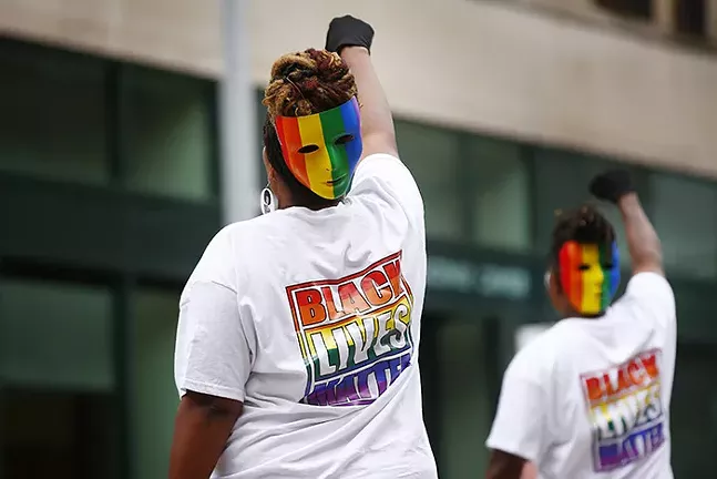 Pittsburgh Action for Black Trans and LGBQIA+ Lives held a protest in front of 941 Saloon due to what is perceived as racist dress codes on Liberty Avenue in Downtown on Wed., June 24. - CP PHOTO: JARED WICKERHAM
