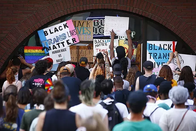 Pittsburgh Action for Black Trans and LGBQIA+ Lives held a protest in front of 941 Saloon due to what is perceived as racist dress codes on Liberty Avenue in Downtown on Wed., June 24. - CP PHOTO: JARED WICKERHAM