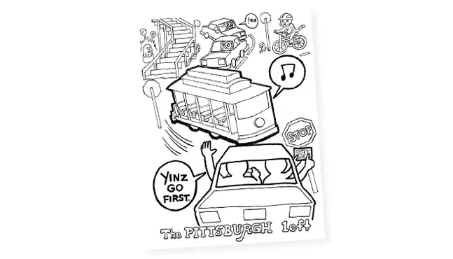 Nils Hanczar's illustration of The Pittsburgh Left for Pittsburgh City Paper’s Over-the-top Completely Ridiculous Yinzerrific Coloring Book