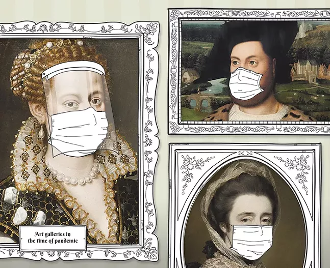 Artwork clockwise from left: Portrait of - Isabella de’ Medici, attributed to Alessandro Allori; Portrait of a Man Holding a Book, Ambrosius Benson; Portrait of Mrs. Anne Dashwood, George Romney; - all on view at the Carnegie Museum of Art - CP ILLUSTRATION: ABBIE ADAMS