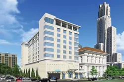 Artist’s rendering of the planned hotel addition to the Pittsburgh Athletic Association, in Oakland (the version recently approved by the city’s Planning Commission). The view is from Bigelow Avenue near Fifth. - IMAGE COURTESY OF PFVS ARCHITECTS