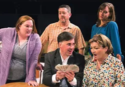 Standing, from left: Danette Levers, Vincent Marshall and Rebecca MacTaggart; sitting, Greg Caridi and Marianne Shaffer, in Little Lake’s Dead Accounts - PHOTO COURTESY OF JAMES ORR