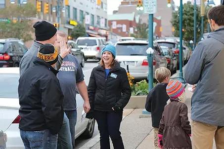 Heather Arnet talks to voters in Mount Lebanon during recent door-to-door campaigning - PHOTO BY THEO SCHWARZ