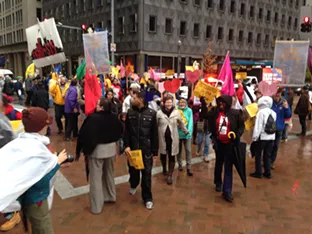 Protesters yesterday spill into the intersection of Grant Street and Sixth Avenue. - PHOTO COURTESY OF RYAN DETO