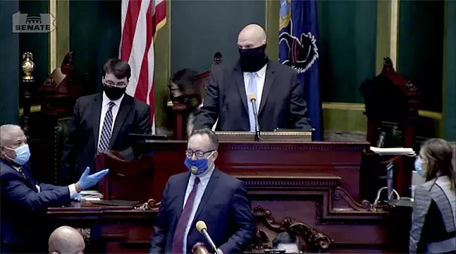 Senate President Pro Tempore Jake Corman in foreground and Lt. Gov. John Fetterman in background - SCREENSHOT OF PA. STATE SENATE LIVESTREAM