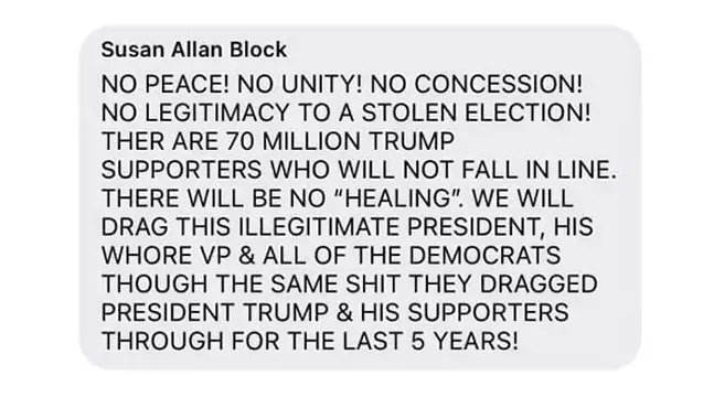 Susan Allan Block's social media post in response to criticism of the Capitol insurrection - SCREENSHOT TAKEN FROM FACEBOOK