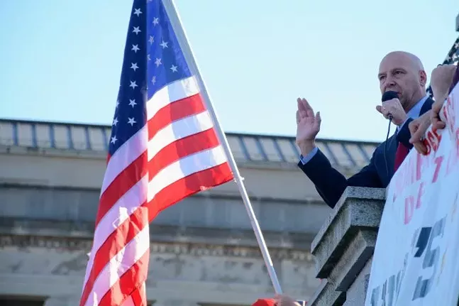 State Sen. Doug Mastriano addresses a crowd of Trump supporters at the Pennsylvania state Capitol on Saturday, Nov. 7. - CAPITAL-STAR PHOTO BY STEPHEN CARUSO