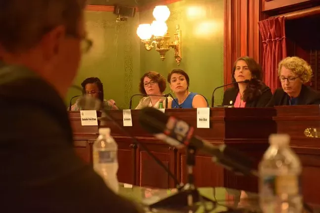 From left to right: Rep. Danielle Friel Otten, Rep. Sara Innamorato, and Rep. Elizabeth Fiedler listen in during a hearing on Restore PA on Mon. June 10, 2019. - PENNSYLVANIA CAPITAL-STAR PHOTO BY STEPHEN CARUSO