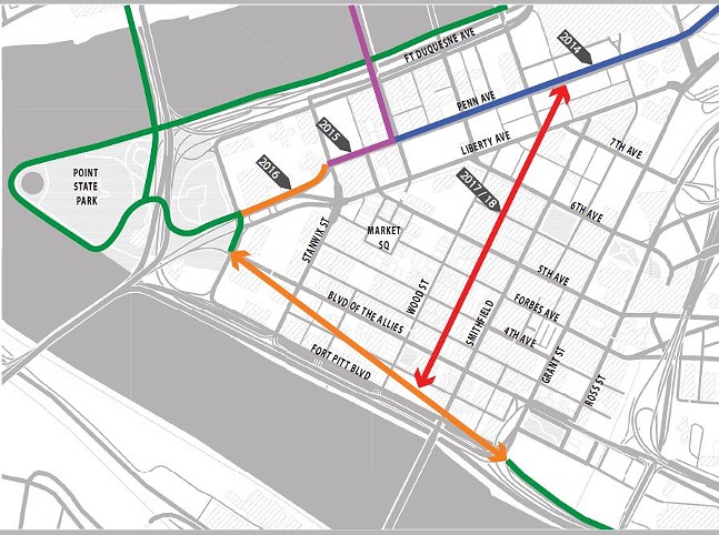 Map of existing and proposed bike-infrastructure routes for Downtown. Lines in orange and red are planned and do not show the specific future alignments. - IMAGE COURTESY KRISTIN SAUNDERS