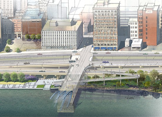 Rendering of Mon Wharf Switchback, which would connect Smithfield Street Bridge path with Mon Wharf trail to Point State Park. - IMAGE COURTESY OF WWW.RIVERLIFEPGH.ORG/
