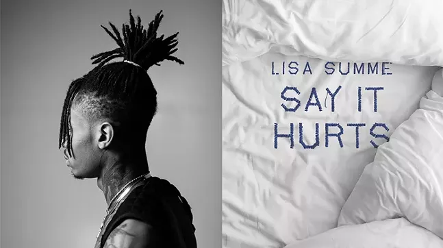 Left: Jordan Coyne’s “Untitled (Javier in profile),” from Roots Run Deep: A Contemporary Survey of African American Hair Culture at the Brew House Association - Right: Lisa Summe’s Say it Hurts at White Whale Bookstore - LEFT: JORDAN COYNE // RIGHT: LISA SUMME AT WHITE WHALE BOOKSTORE